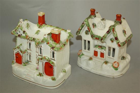 Five Staffordshire porcelain models of cottages and a castle, c.1840, 13.5 - 14cm